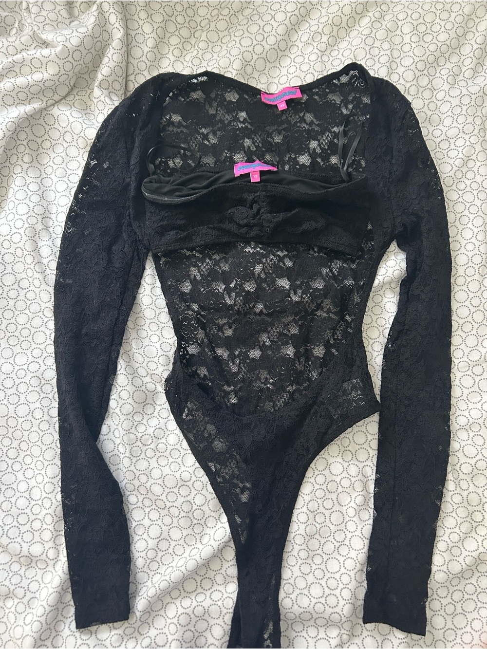 Edikted Two Piece Black Floral Lace Long-Sleeve Sheer Bodysuit